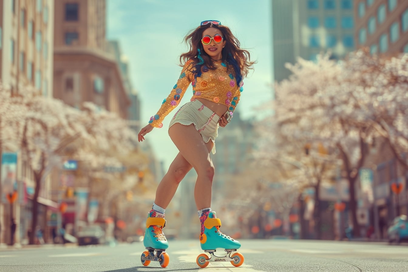Adulte équipé d’un casque et de protections apprenant le patin à roulettes sur une allée lisse au printemps
