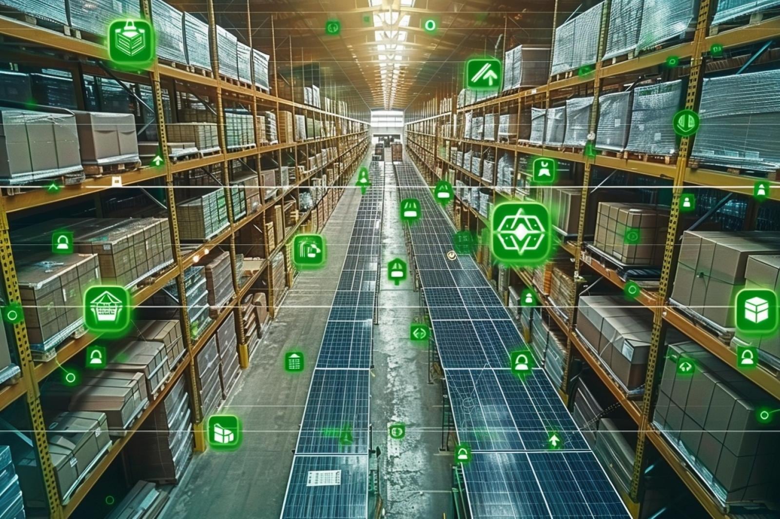 Entrepôt moderne avec palettes, convoyeurs et camion de livraison illustrant une chaîne logistique durable