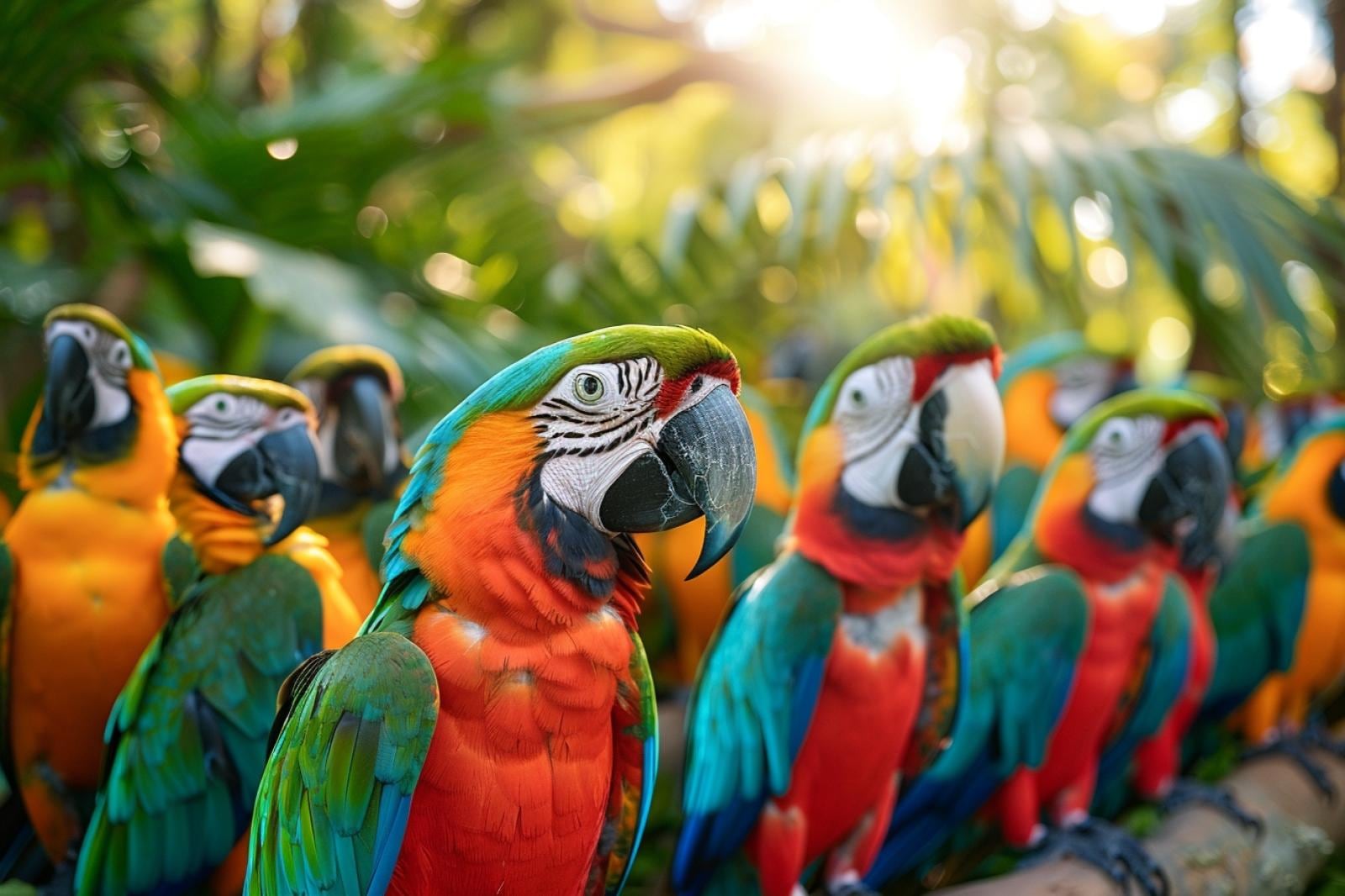 Groupe de perroquets colorés perchés côte à côte dans un arbre et échangeant des vocalises