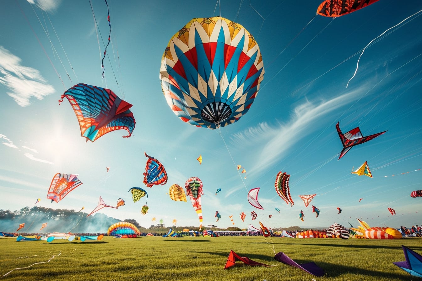 Cerfs-volants traditionnels colorés de formes variées volant dans un ciel dégagé lors d’un festival culturel