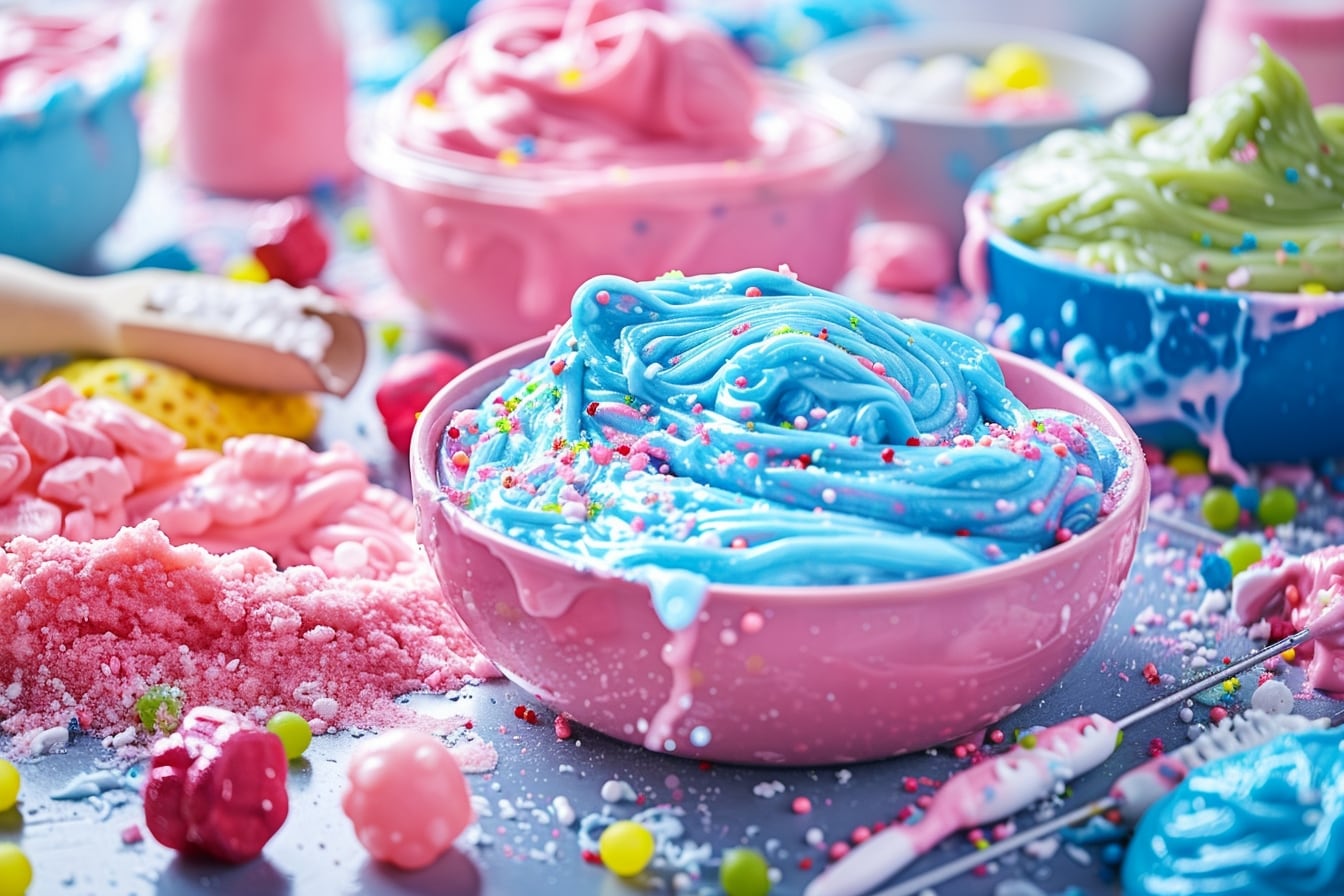Mains d’enfant et d’adulte malaxant un slime coloré dans des bols sur une table protégée