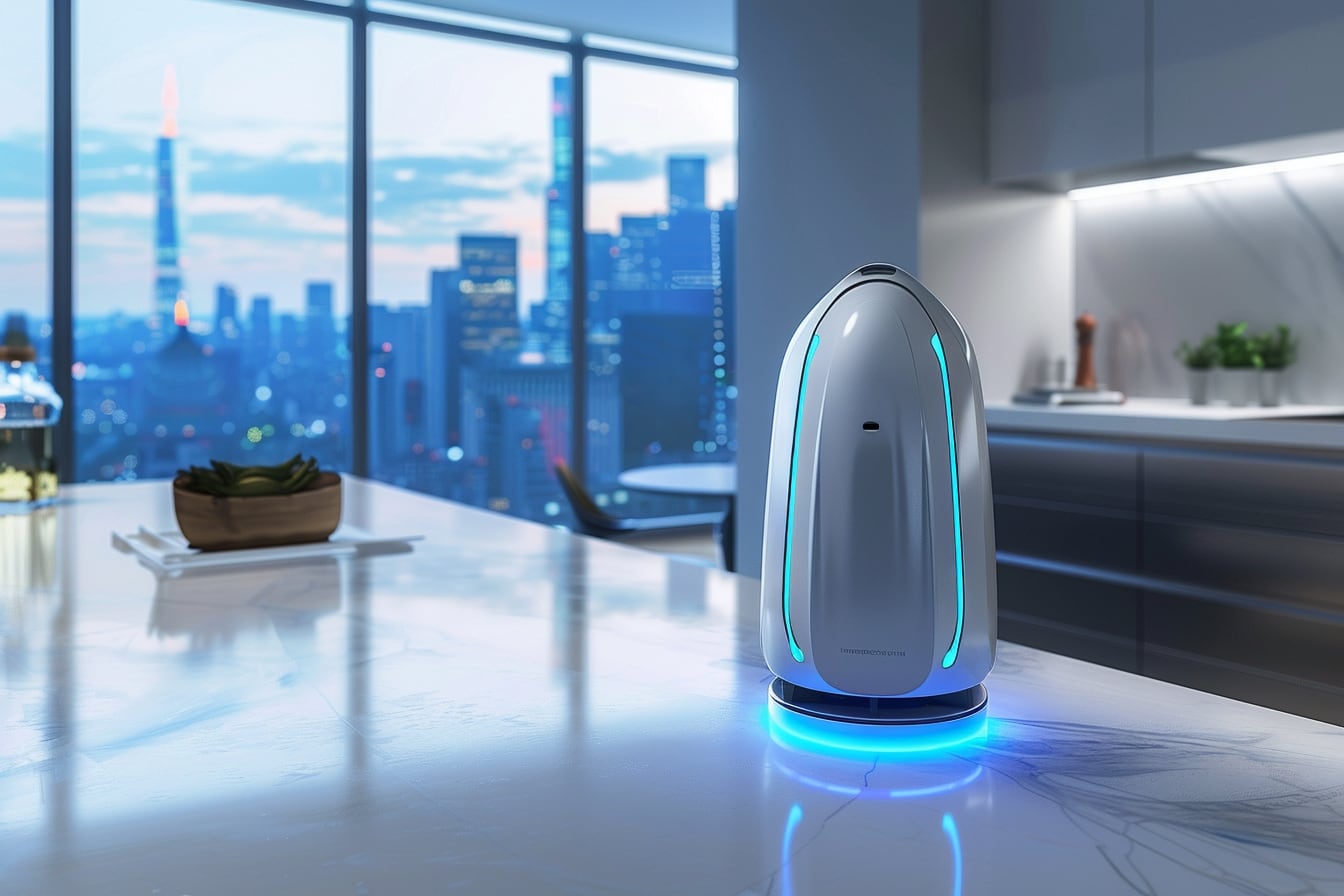 Installation domestique moderne avec capteur de fuite d’eau au sol, vanne connectée et smartphone affichant une alerte de consommation