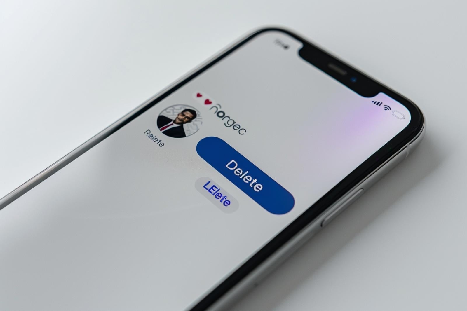 Main tenant un iPhone affichant les réglages d’un profil Instagram et l’option de suppression de compte