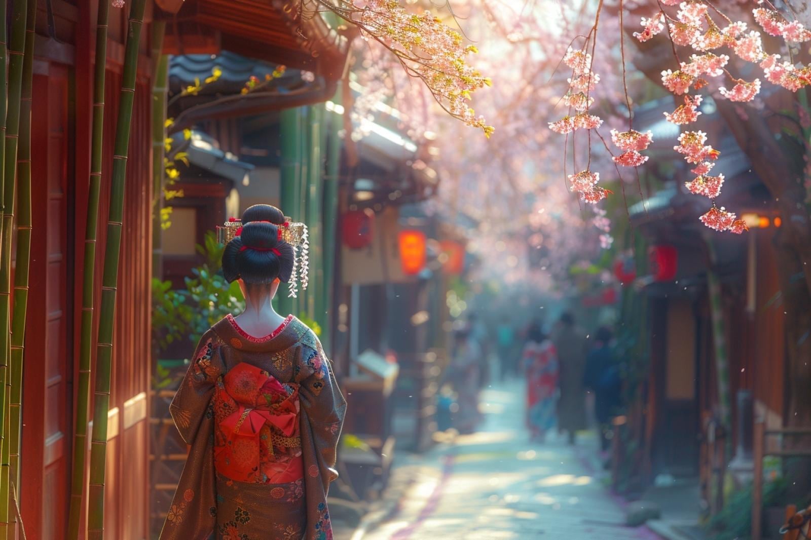 Ruelle traditionnelle de Kyoto bordée de maisons en bois, avec un temple et des collines verdoyantes en arrière-plan