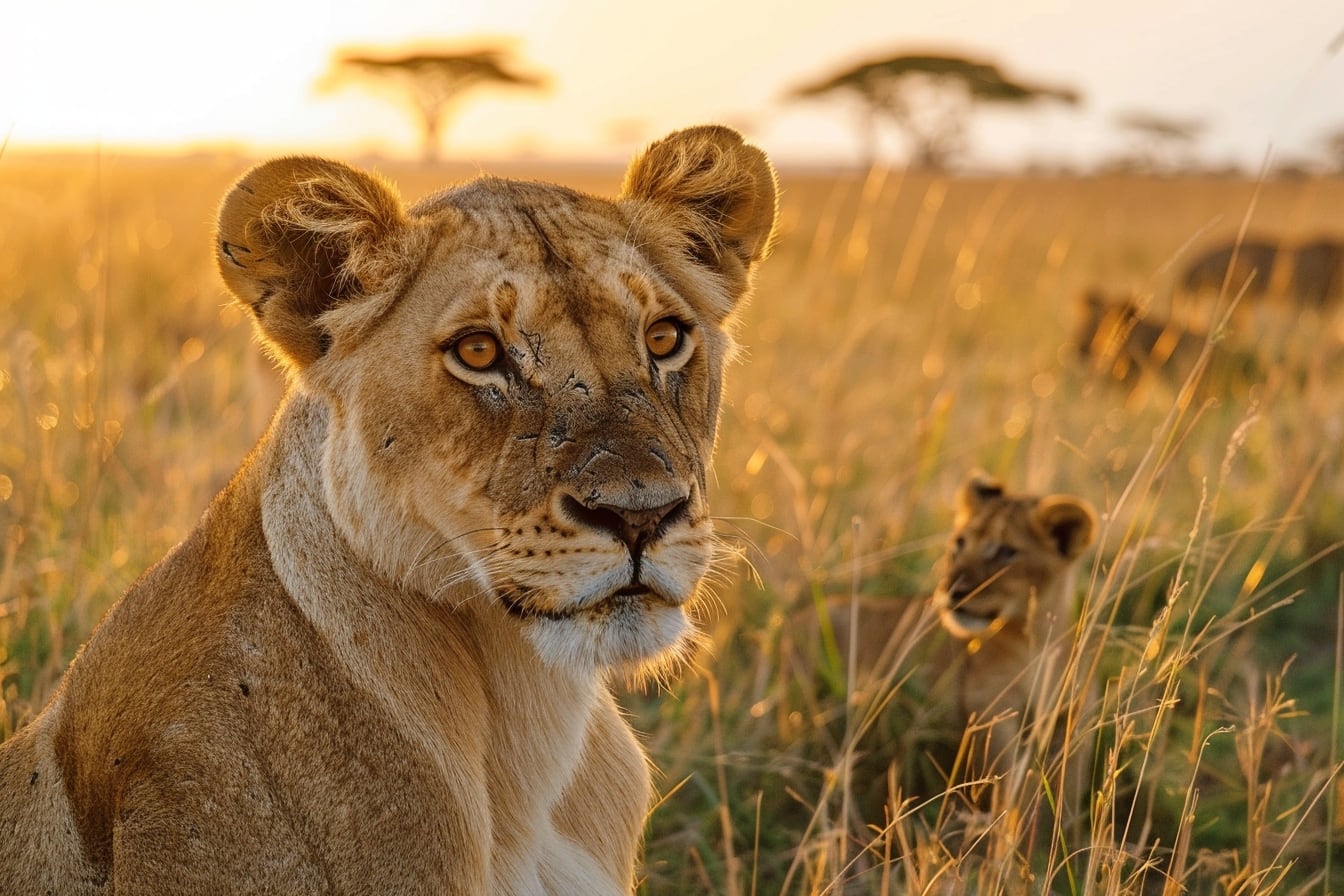 Lion mâle à la crinière épaisse observant la savane dans son habitat naturel