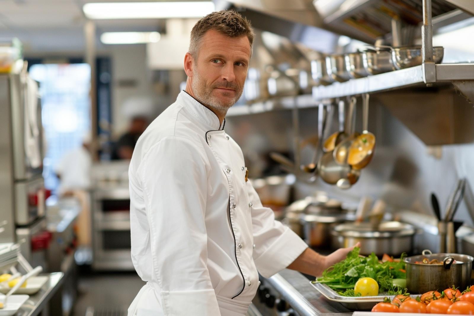 Équipe de restaurant réunie autour d’un planning et de documents de gestion dans une salle préparée pour le service