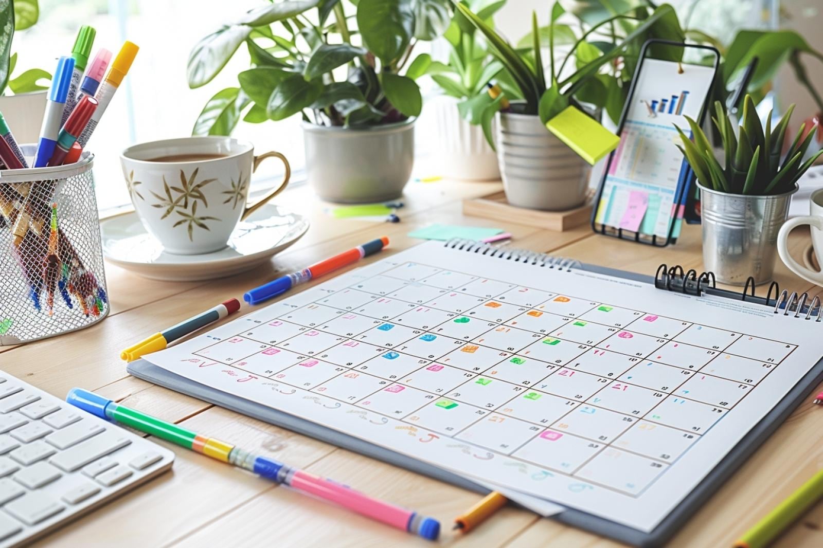 Professionnel consultant un planning de garde de week-end avec téléphone, carnet et repas préparé sur une table
