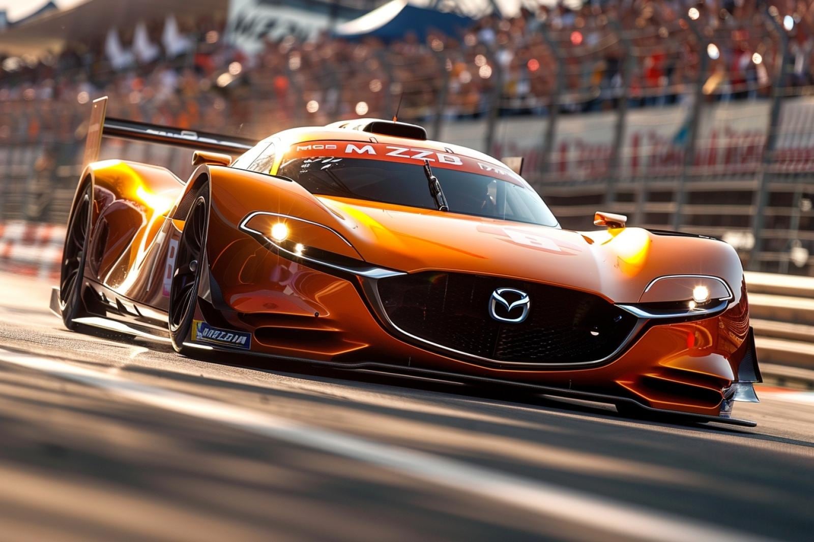Mazda 787 B orange et verte roulant à haute vitesse sur le circuit des 24 Heures du Mans