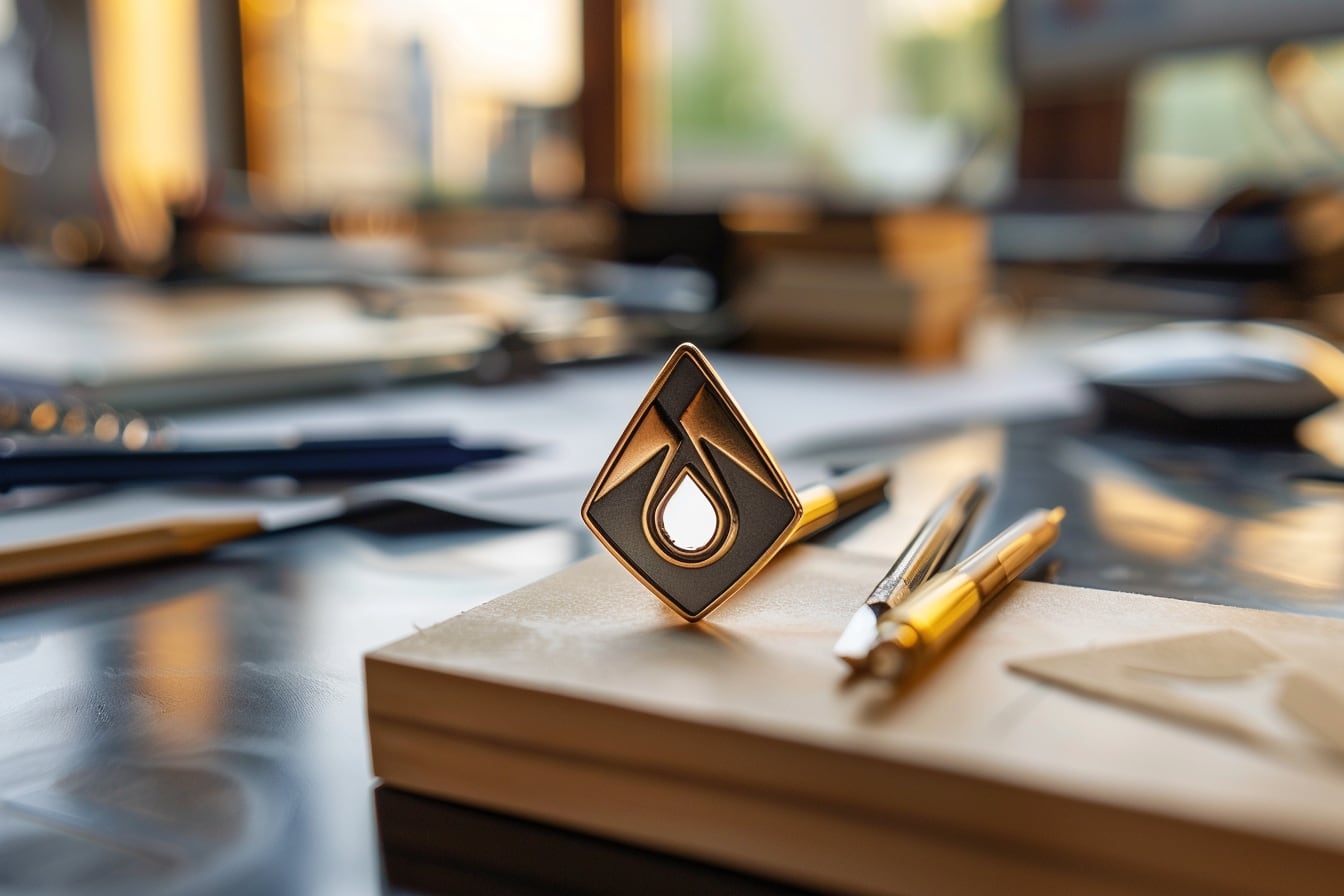 Pin’s personnalisé métallique aux couleurs d’une marque, posé sur un carnet et des nuanciers de design