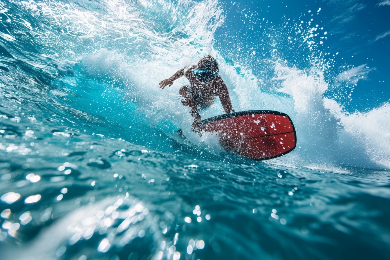 Surfeur debout et bodyboardeur allongé glissant sur des vagues près du rivage