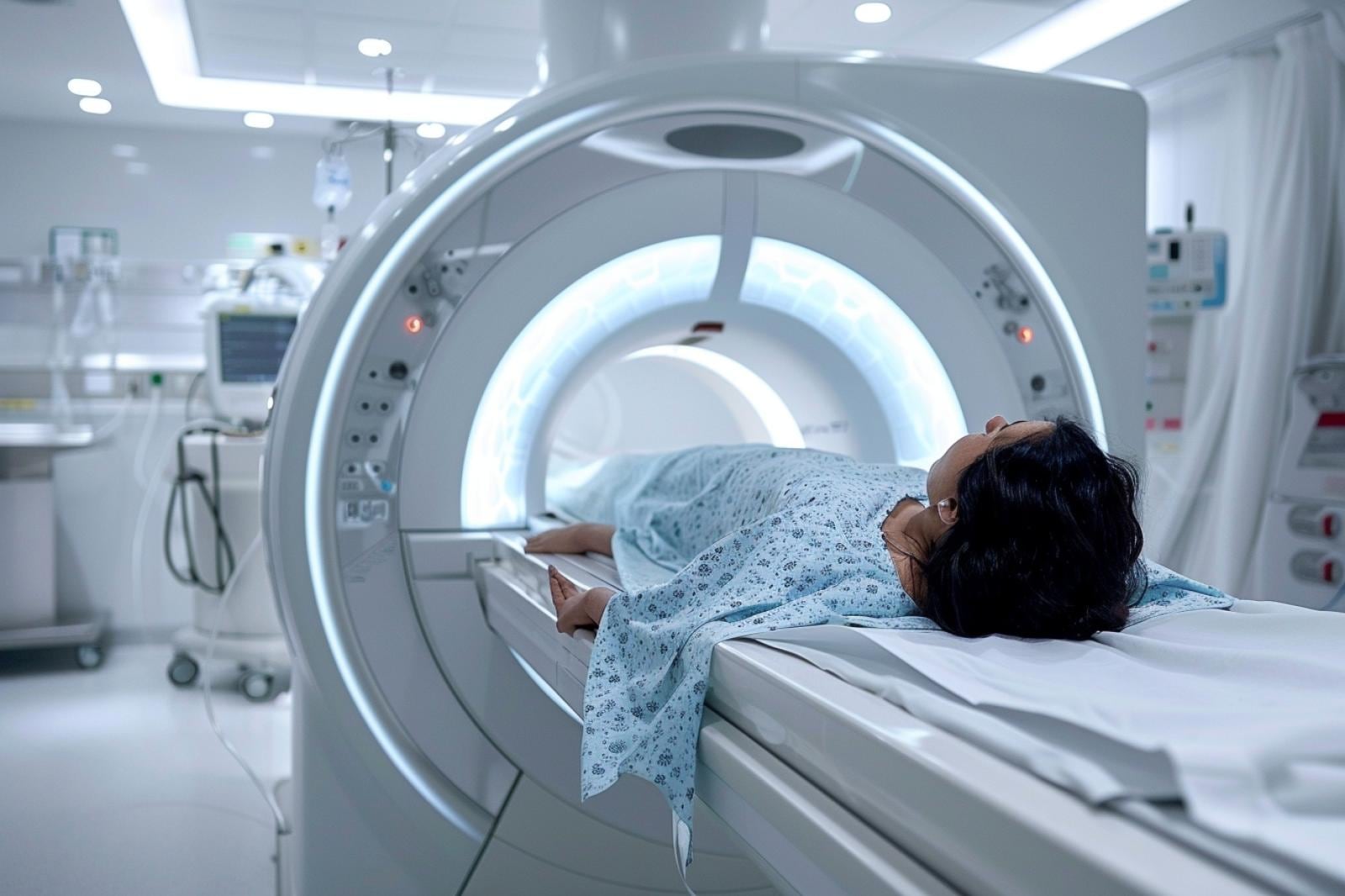 Patient allongé sur une table d’imagerie médicale devant un appareil d’IRM ou de scanner