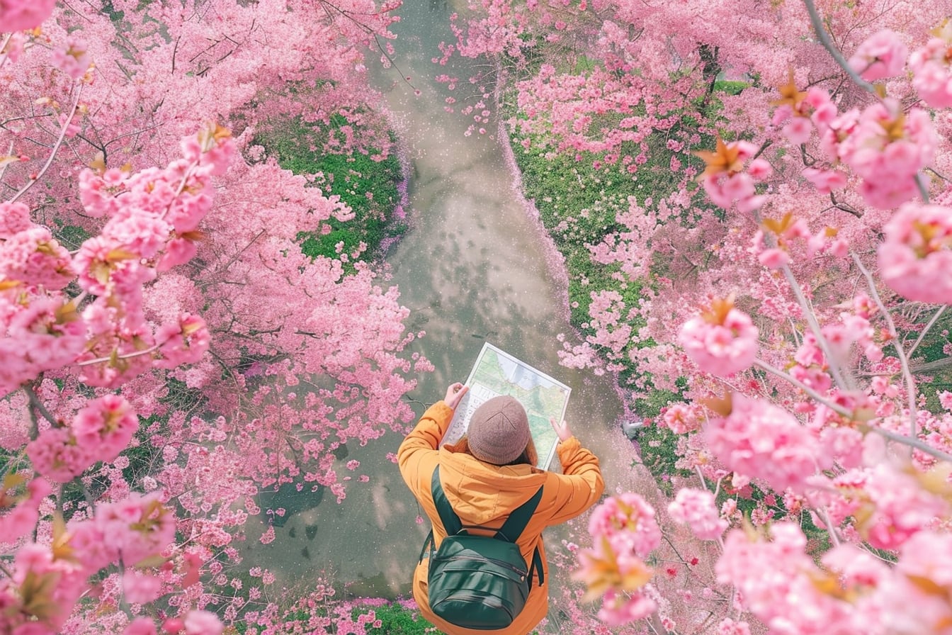 Vue urbaine de Tokyo au printemps, avec des cerisiers en fleurs devant les immeubles modernes de la capitale japonaise