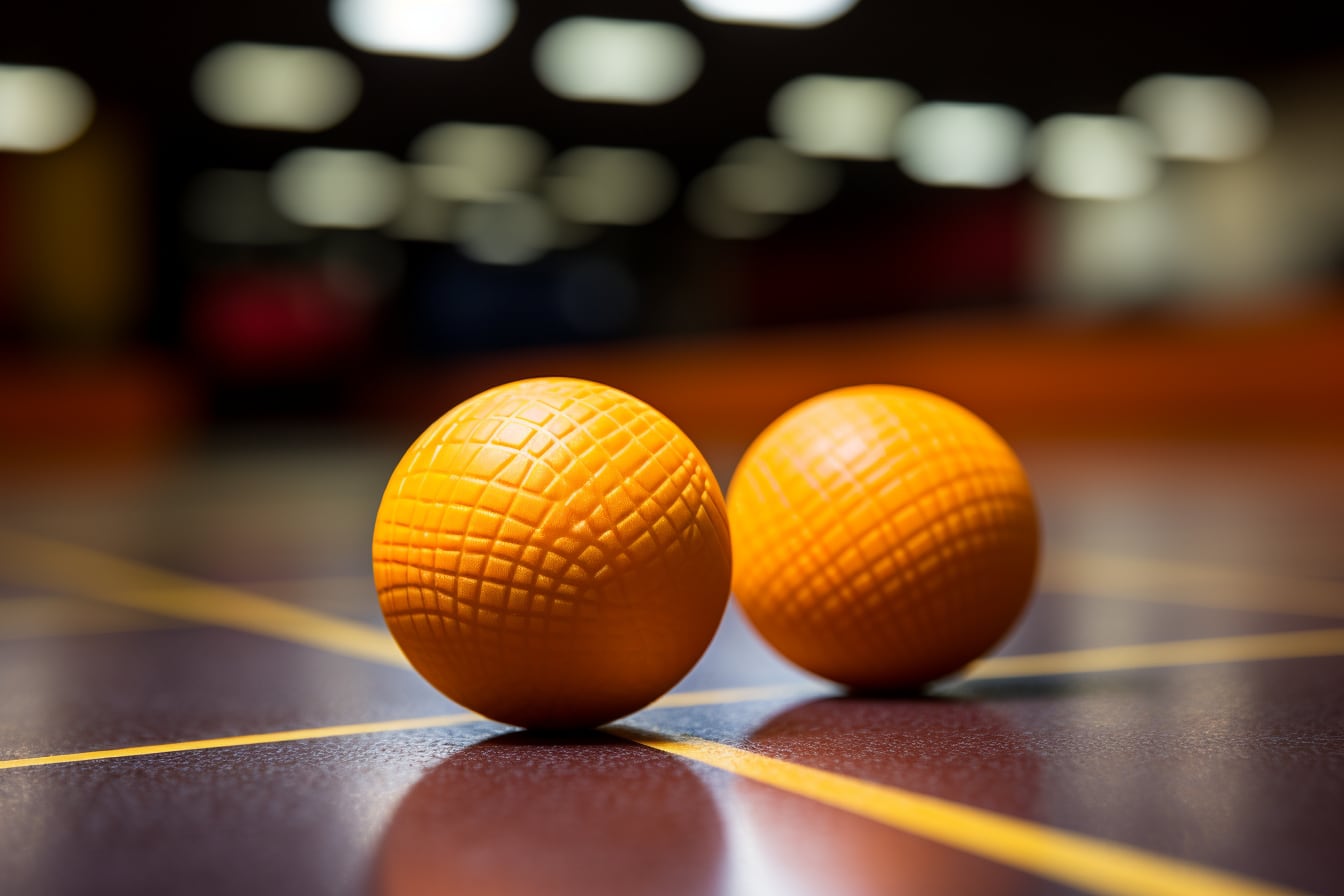Joueur de squash prêt à frapper une balle noire marquée de points de couleur sur un court intérieur