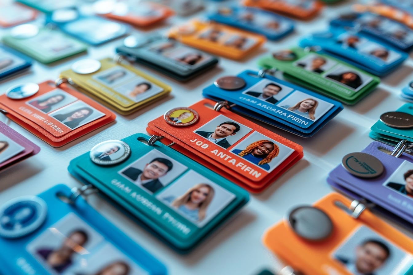 Employée souriante portant un badge personnalisé avec son prénom et le logo de son entreprise dans un espace d’accueil professionnel