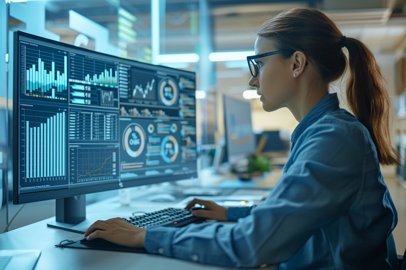 Data analyst présentant un tableau de bord de performance à une équipe de direction en réunion