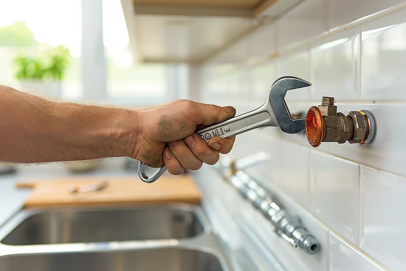 Robinet d’arrêt et détecteur de fuite d’eau installés sous un évier de cuisine