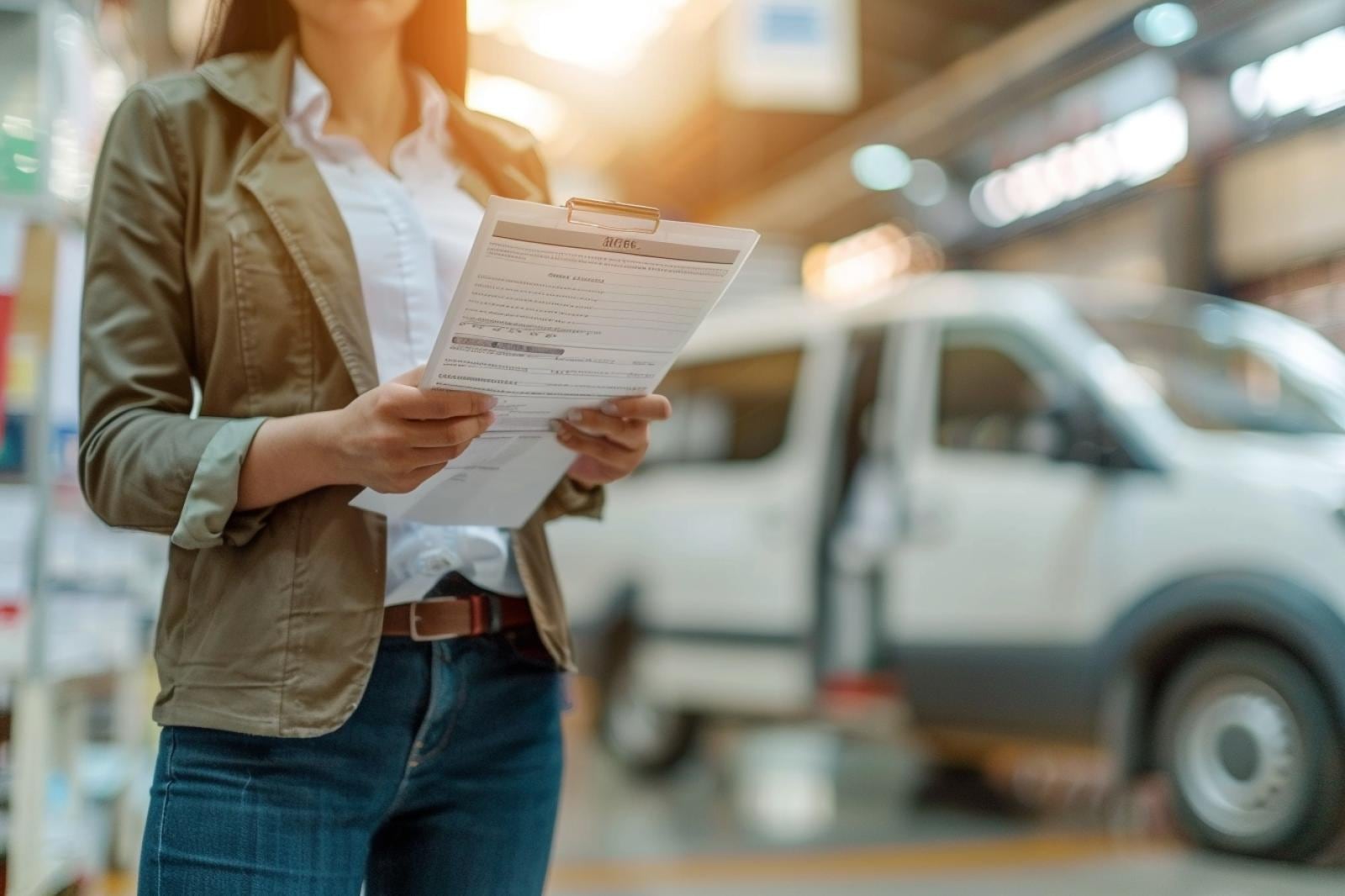 Conducteur préparant les documents nécessaires à une demande de nouvelle carte grise près de son véhicule