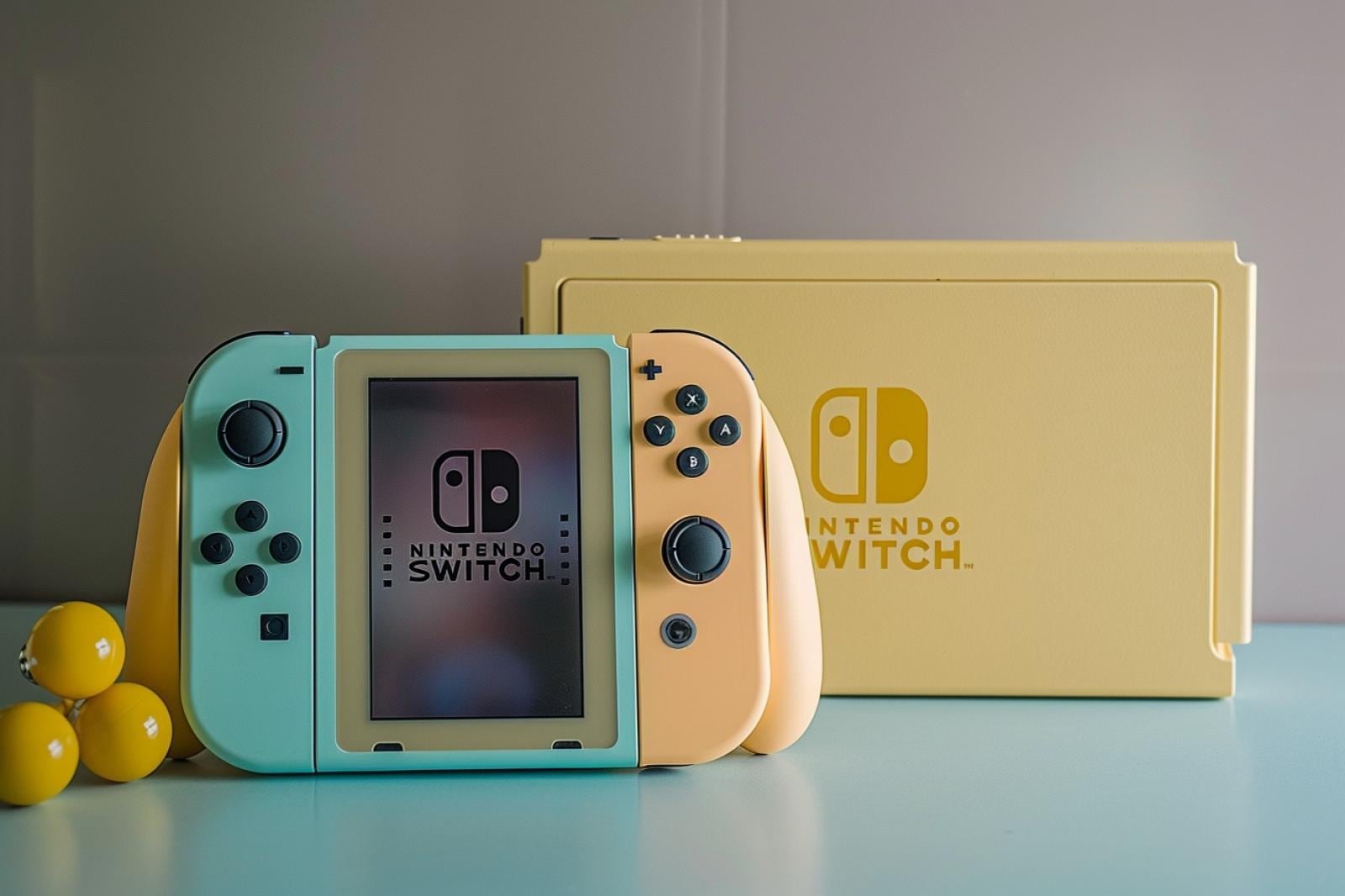 Nintendo Switch OLED avec Joy-Con posée près de jeux vidéo et d’accessoires de gaming