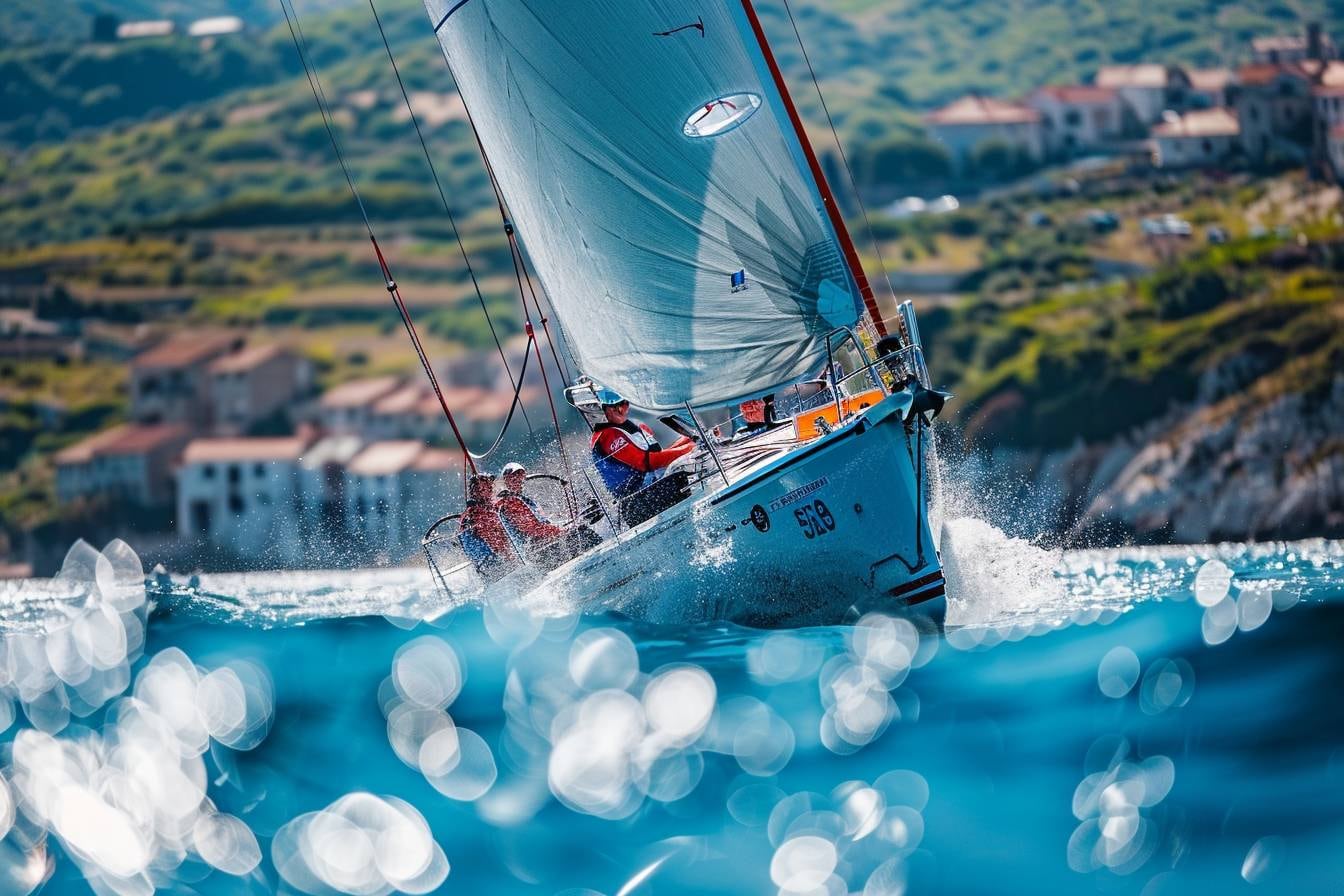 Équipage de voiliers au départ d’une régate, voiles gonflées par le vent sur un plan d’eau