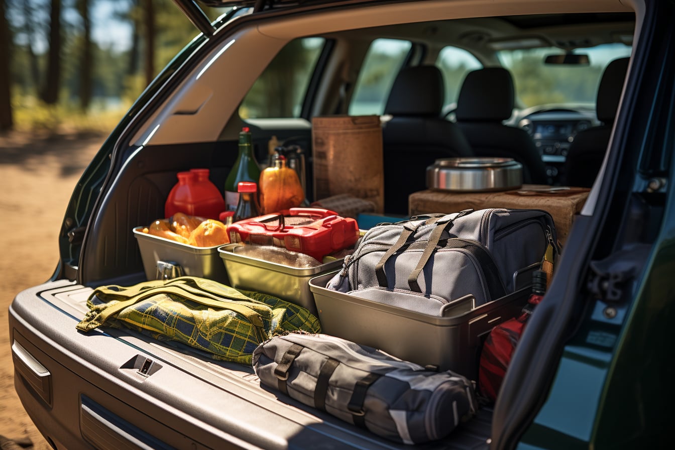 Voiture chargée de bagages stationnée au bord d’une route estivale avant un road trip