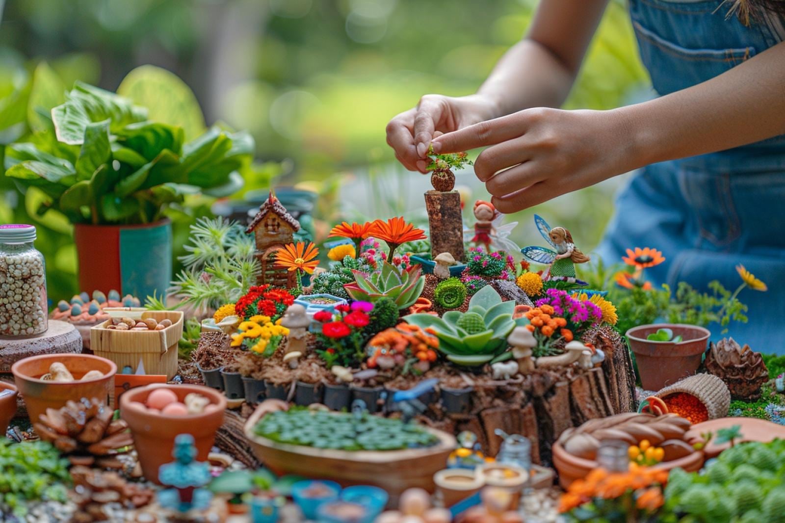 Jardinières en bois fabriquées maison, plantes fleuries et petit coin détente sur une terrasse de jardin