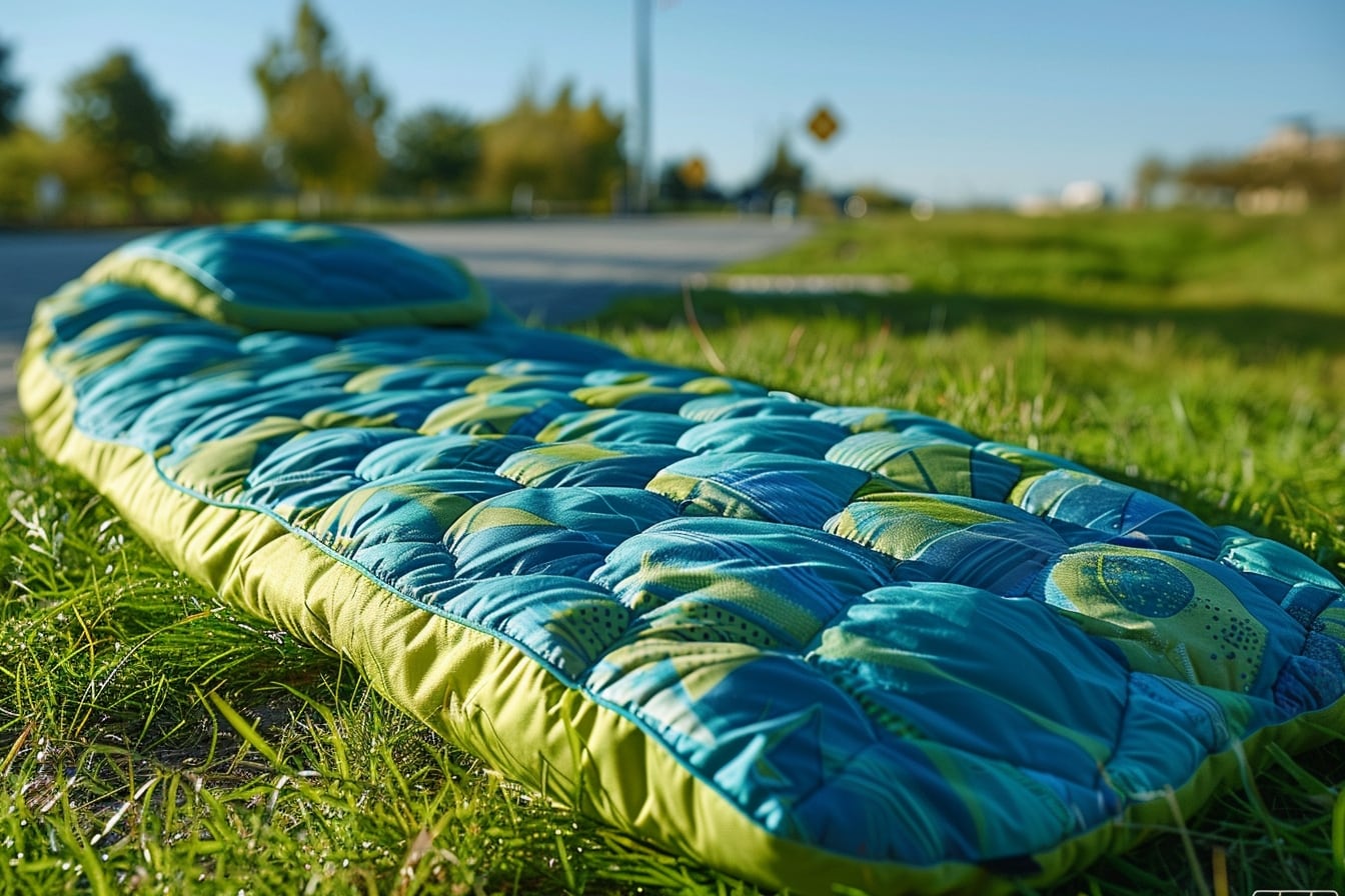 Sac de couchage ouvert et propre séchant à plat dans un espace lumineux après son lavage