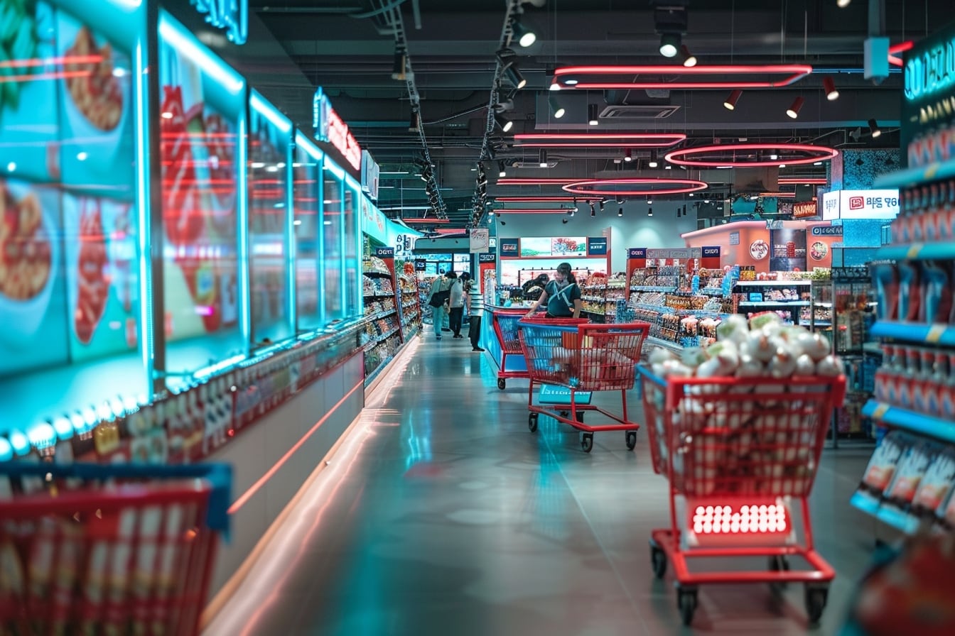 Cliente consultant une liste de courses sur son smartphone dans le rayon d’un supermarché moderne