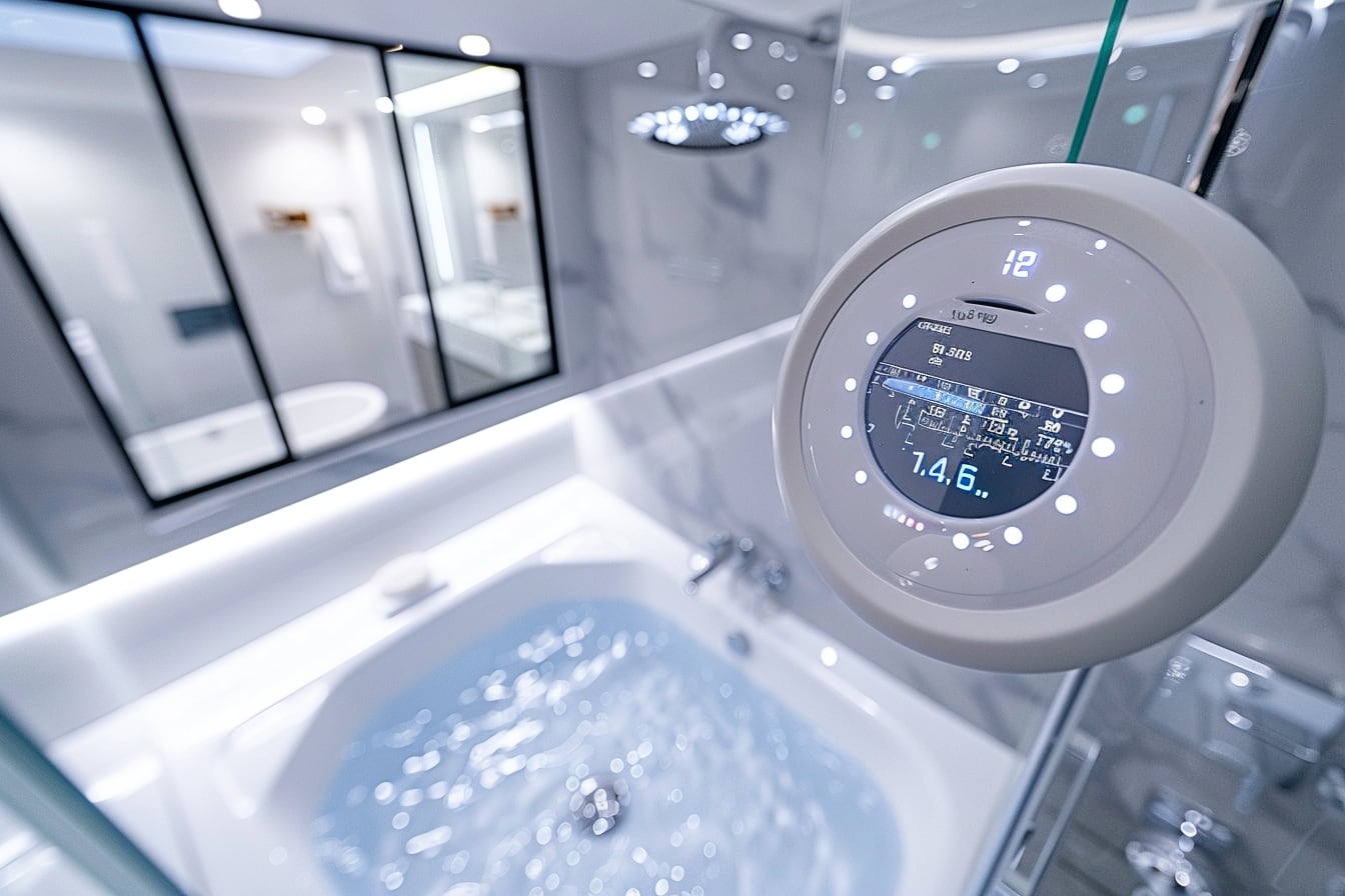 Technicien utilisant un appareil de détection acoustique près d’une canalisation d’eau dans une habitation