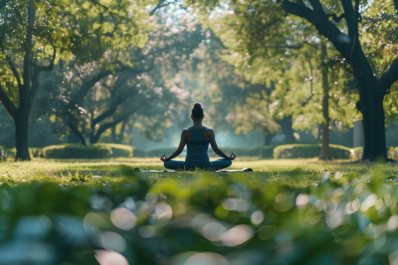 Personne pratiquant une posture de yoga sur un tapis dans un parc verdoyant au lever du soleil