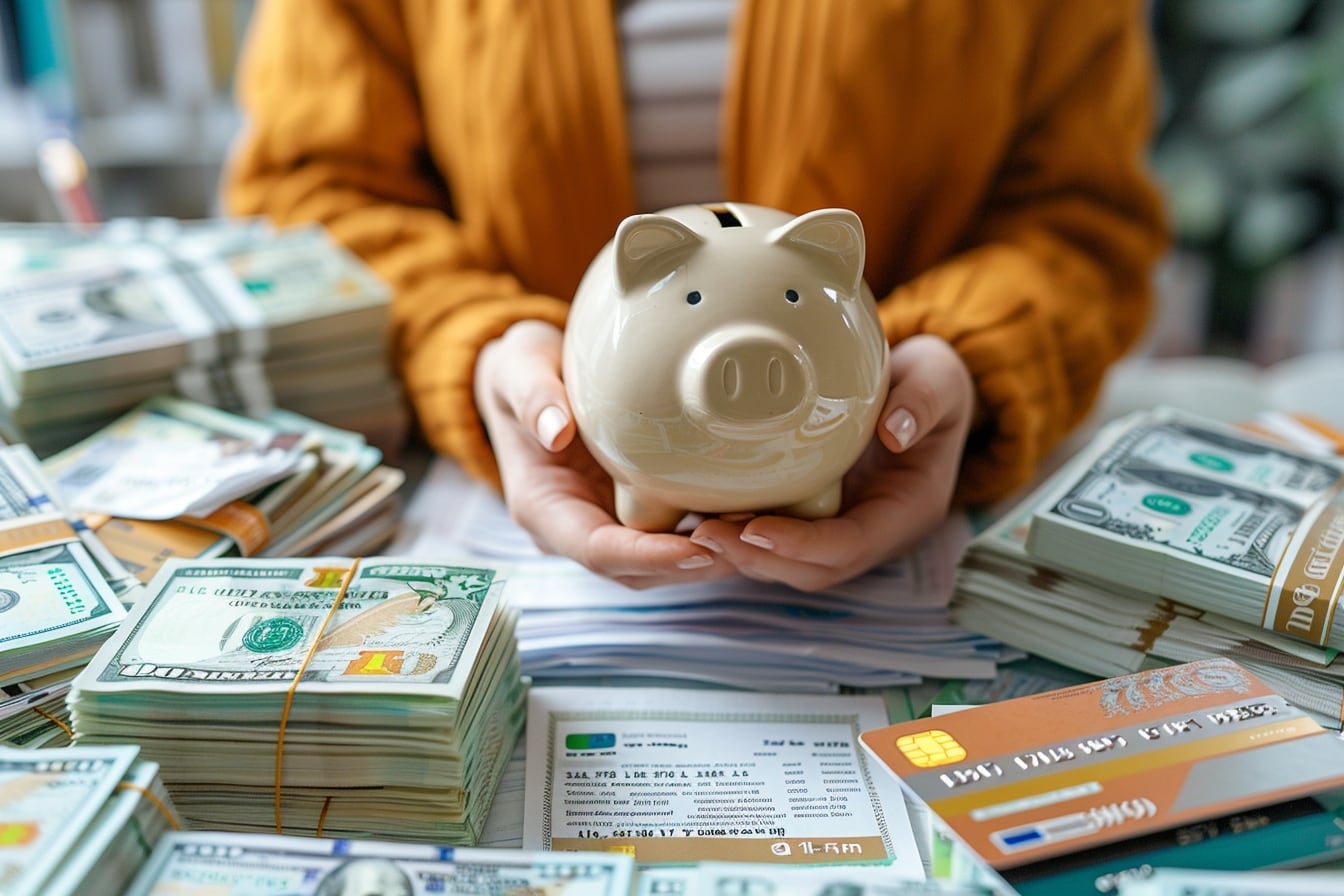Personne préparant un dossier de prêt avec calculatrice, relevés bancaires et documents de budget sur une table