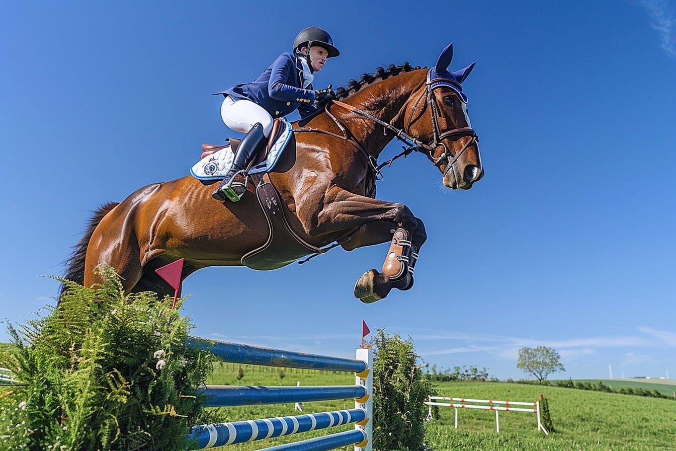 Jeune cavalière portant une bombe et travaillant un cheval dans un centre équestre anglais