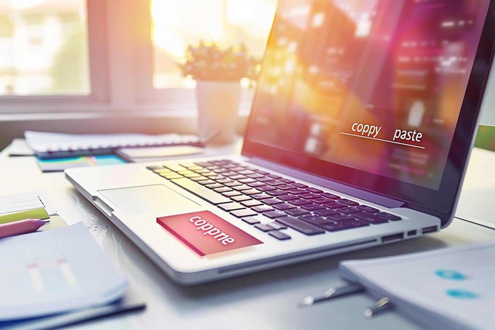 Main utilisant les raccourcis clavier pour copier et coller du texte sur un ordinateur portable