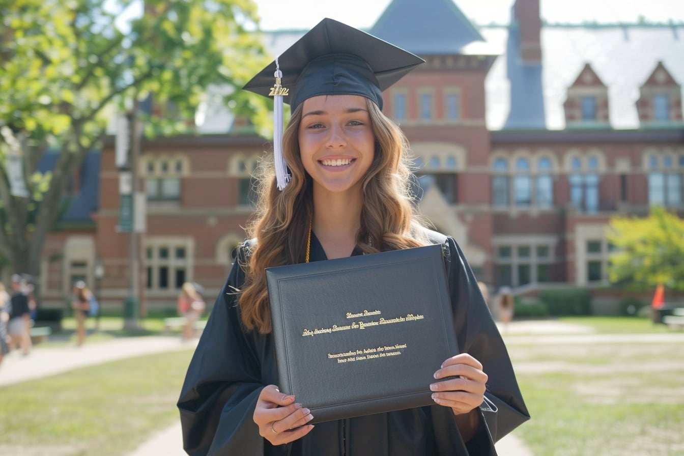 Adolescent avec un sac à dos devant un campus américain, prêt pour un séjour linguistique aux États-Unis
