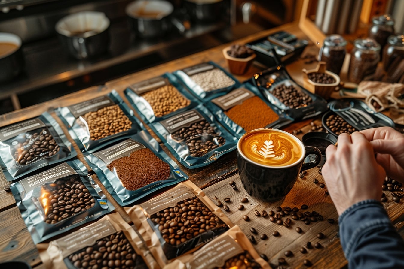 Paquets de café en grain de différentes origines accompagnés d’une tasse d’espresso et de grains fraîchement moulus