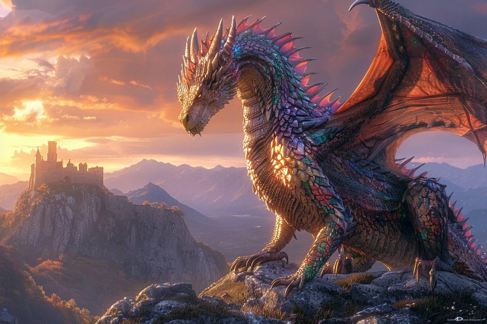 Dessin détaillé d’un dragon ailé au crayon, avec écailles, cornes et queue recourbée