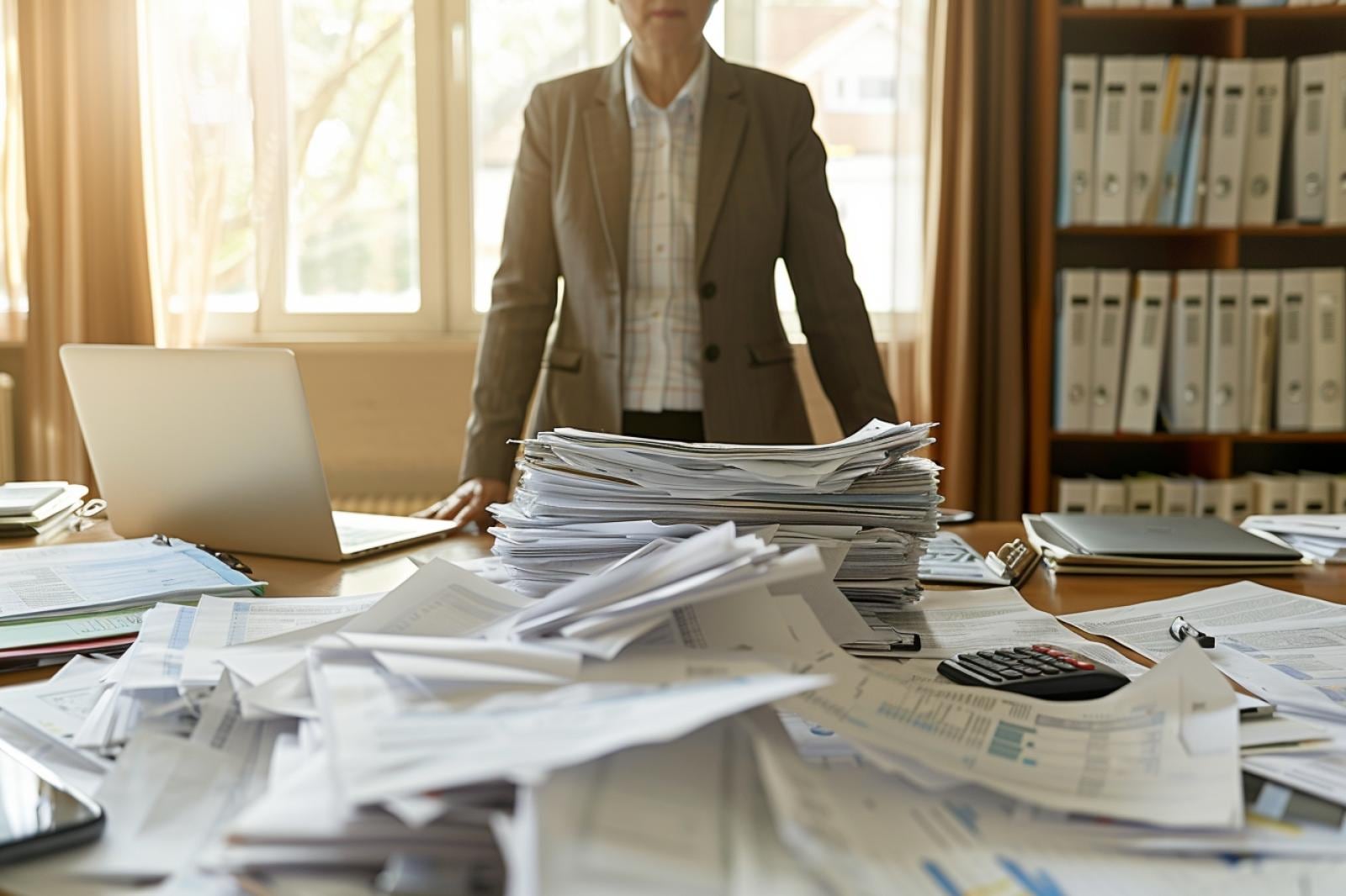 Personne consultant des relevés de retraite, des documents de divorce et un budget sur une table de travail