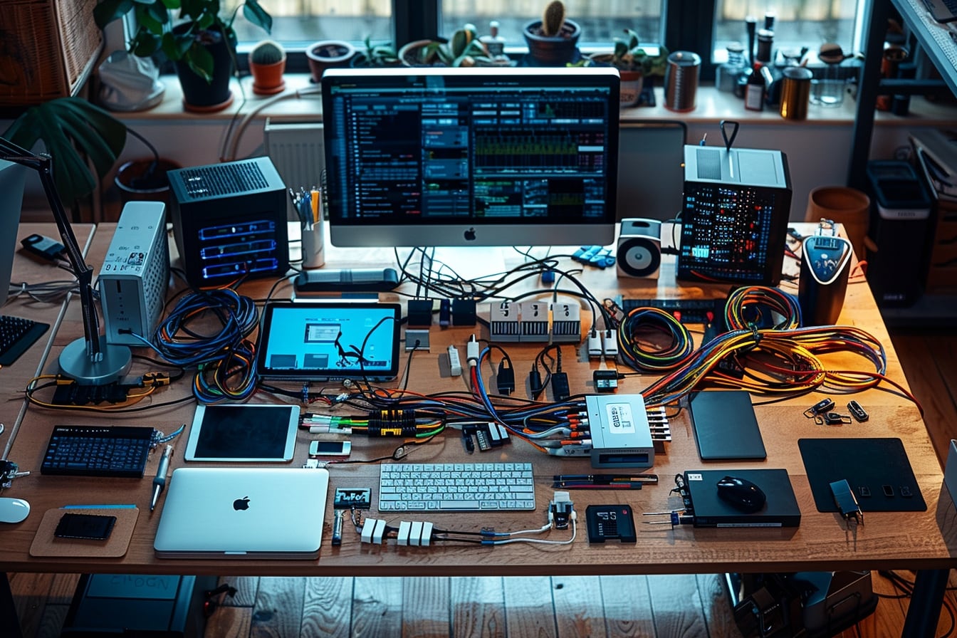 Hub USB-C autoalimenté posé sur un bureau, relié à un ordinateur portable, un disque externe, un clavier et une souris