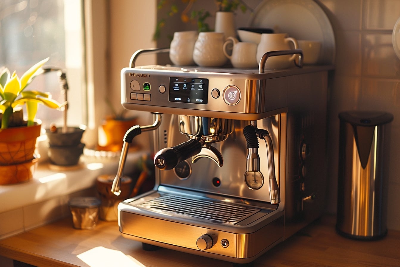 Machine à café moderne posée sur un plan de travail de cuisine, avec une tasse de café fraîchement préparée