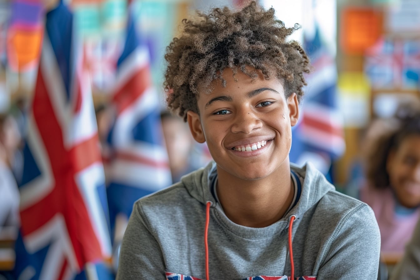 Adolescents échangeant en anglais devant un monument britannique lors d’un séjour linguistique en Angleterre
