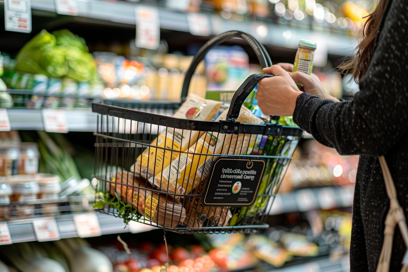 Panier de courses réutilisable contenant des fruits, des légumes et une liste de courses posée sur une table